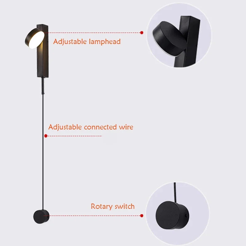 Afralia™ Black Gold Rotating LED Wall Lamp for Bedroom & Living Room