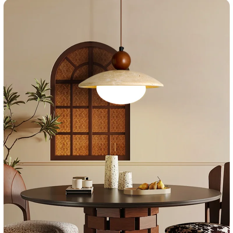 Afralia™ Globe LED Pendant Light Yellow Travertine Stone White Glass Adjust Hang Lamp