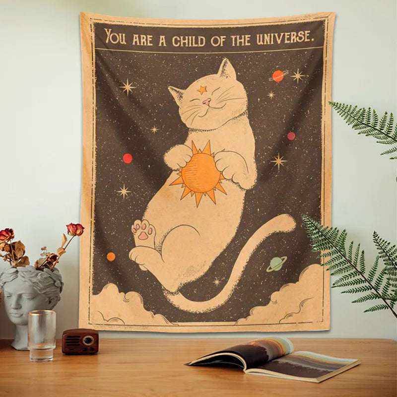 Afralia™ Sun Moon Tarot Cat Tapestry Wall Hanging for Boho Hippie Home Decor