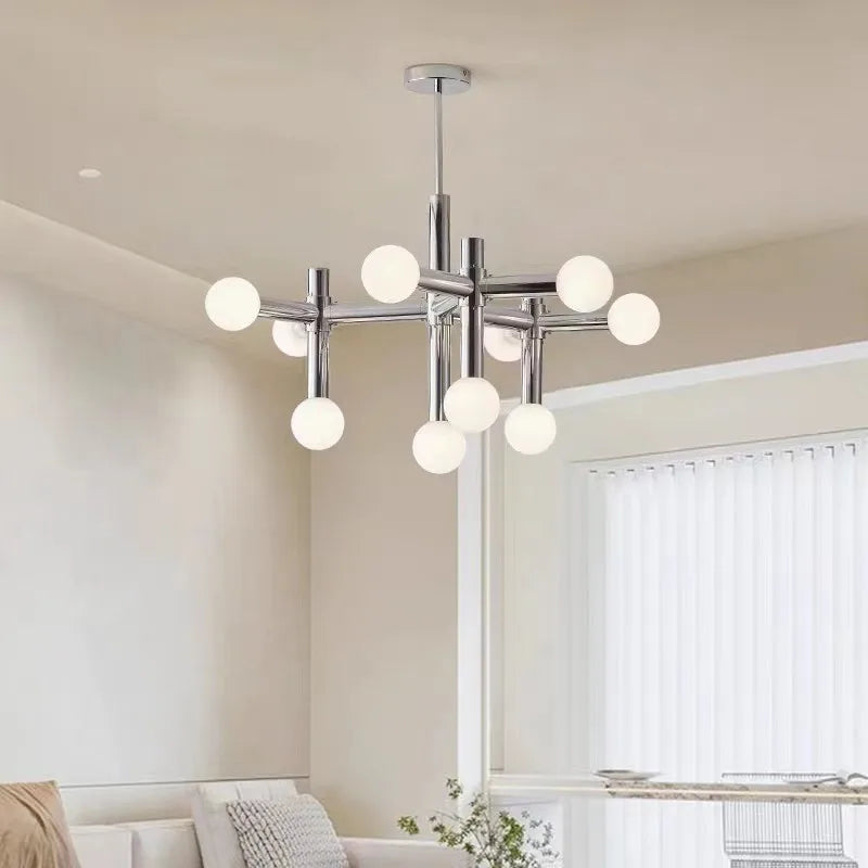 Afralia™ Tubular Chrome Chandelier with White Glass Shades - Modern Mid-Century Lighting