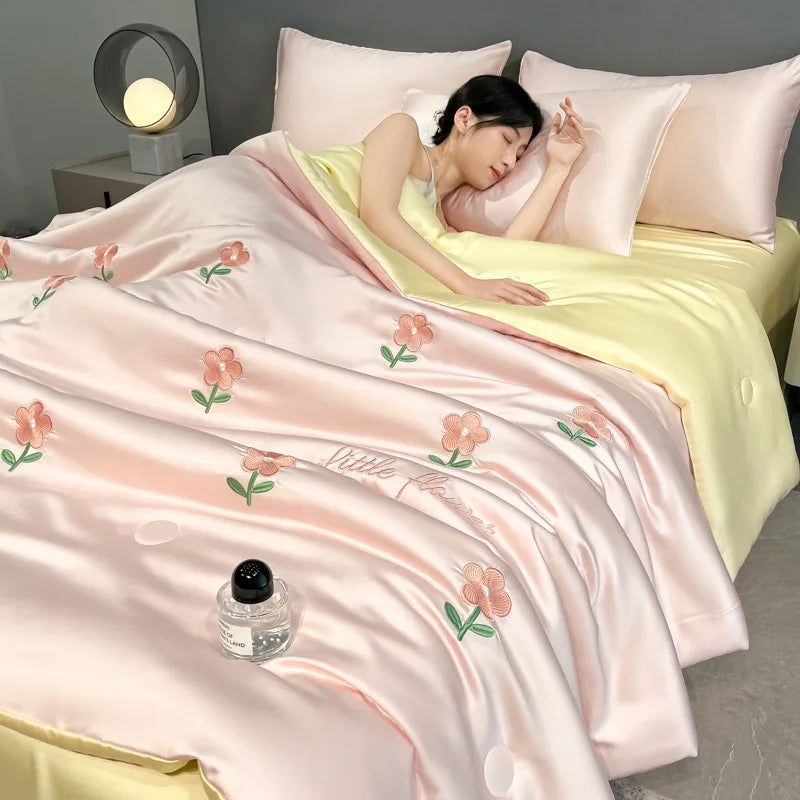 Afralia™ Washed Silk Embroidered Quilt Set Queen, Cooling Summer Blanket