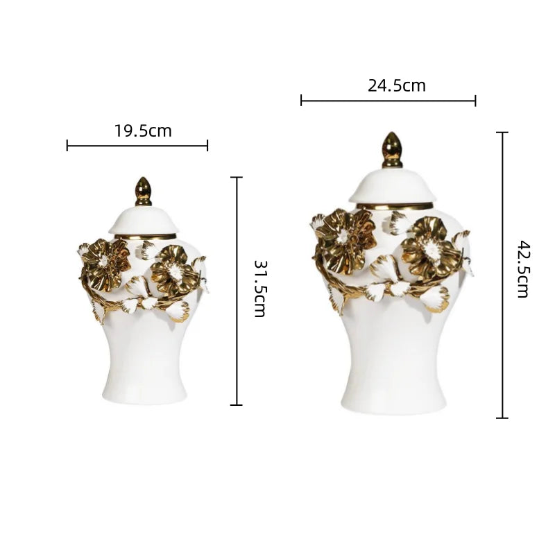 Afralia™ Floral Relief Ceramic Storage Jar - Golden Pot Vase