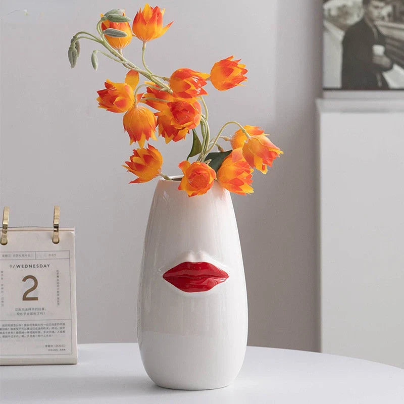 Afralia™ Red Lips Porcelain Vase: Minimalist Desk Decoration for Flower Arrangement