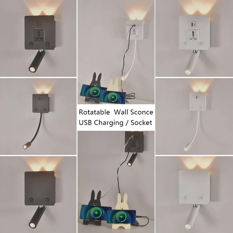 Afralia™ Rotatable LED Wall Sconce Lamp with USB Port & Socket for Bedrooms, Restaurants - White/Black