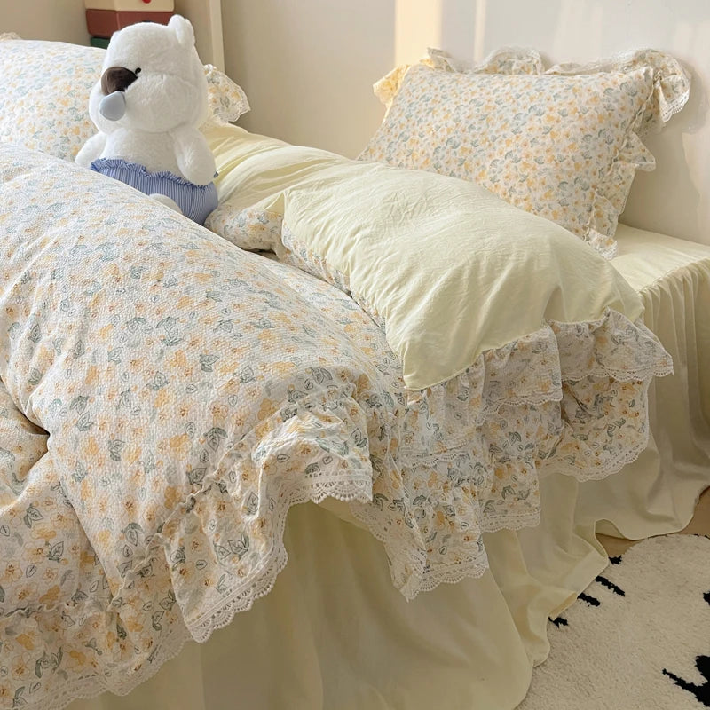 Afralia™ Korean Lace Ruffles Bedding Set with Bed Skirt, Soft Skin-Friendly Material