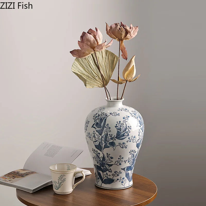 Afralia™ Blue White Porcelain Vase Plant Pots Room Decor Flowers Arrangement