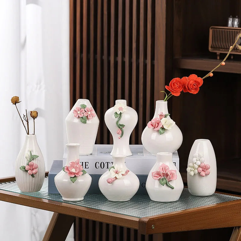 Afralia™ Mini Embossed Flower Ceramic Vase for Home Decoration and Floral Arrangement