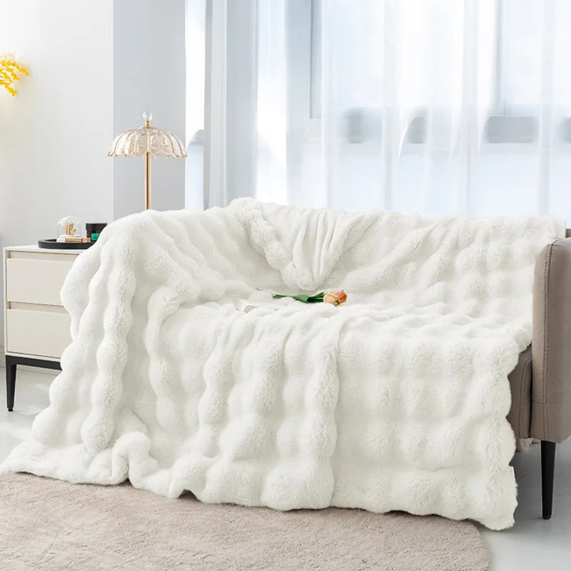 Afralia™ Faux Rabbit Fur Flannel Sofa Blanket, All Seasons Solid Soft Nap Quilt