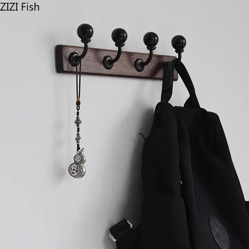 Afralia™ Walnut Wood Hat Hook Wall Storage with Decorative Shelves