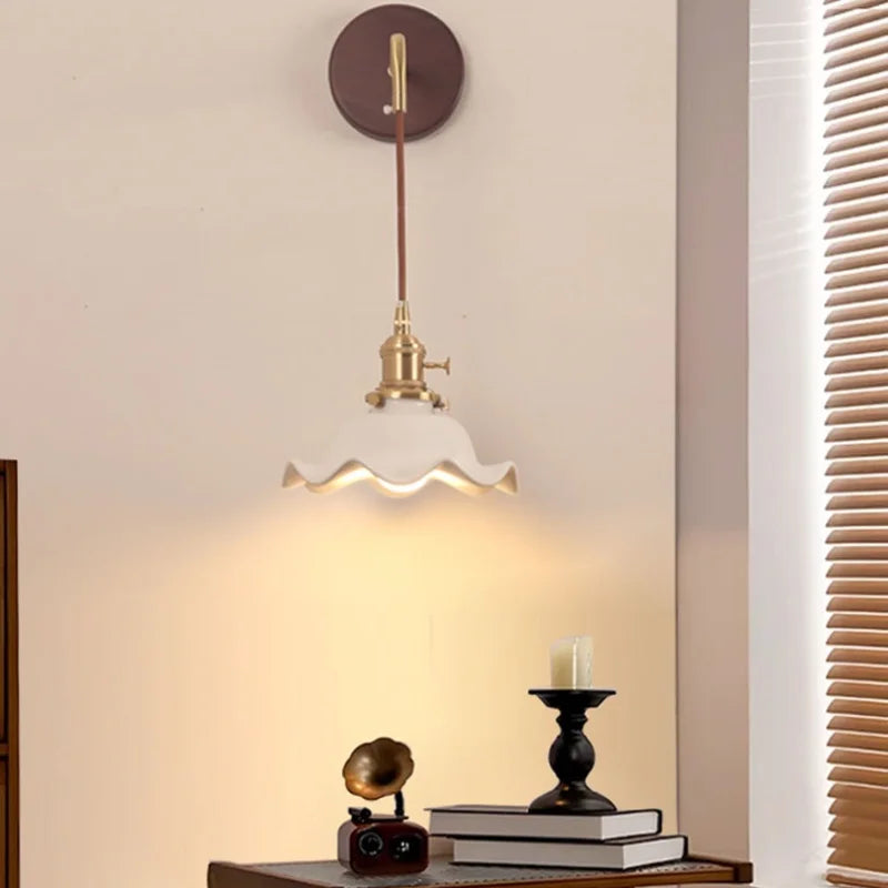 Afralia™ Nordic Ceramic Wood Wall Sconce LED Lamp Adjustable Modern Bedroom Light