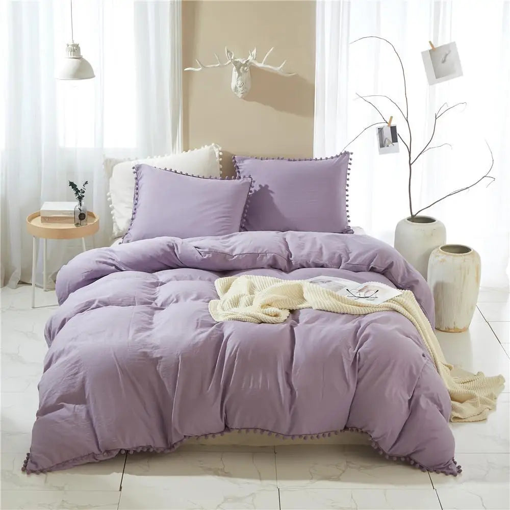 Afralia™ Pom-Pom Duvet Cover Set with Solid Color Design, Available in Various Sizes.