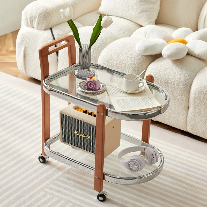 Afralia™ Nordic Wood End Table with Glass Top & Movable Trolley - Multifunctional Storage Rack