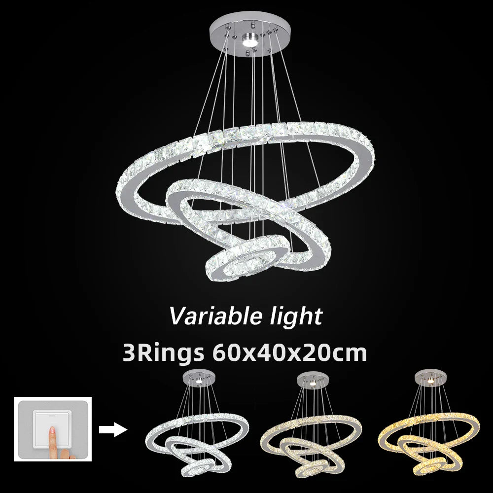 Afralia™ Crystal Chrome LED Pendant Light Rings Chandelier for Living Room Bedroom
