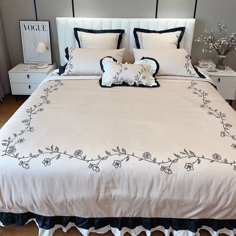 Afralia™ Vintage French Rose Flower Embroidery Ruffles Bedding Set