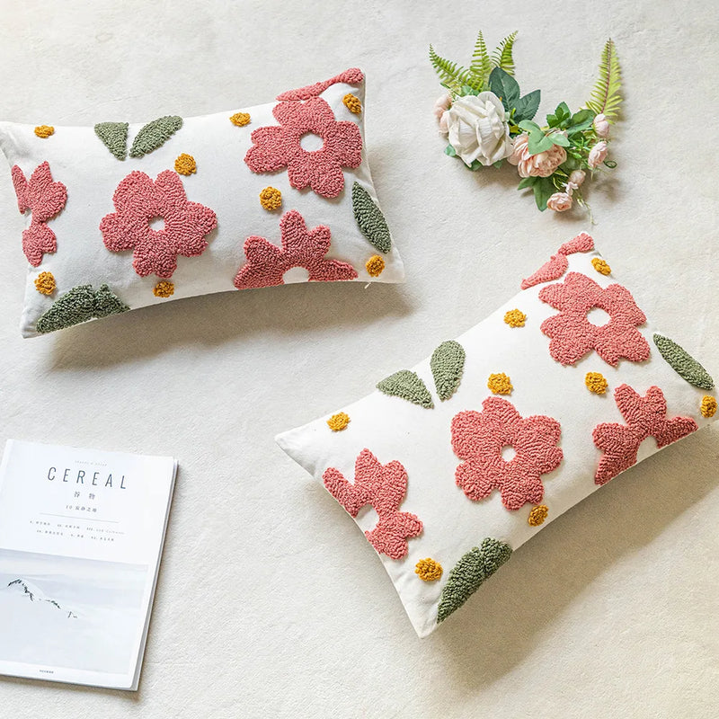 Afralia™ Pink Flower Beige Geometric Embroidery Floor Pillow Cover