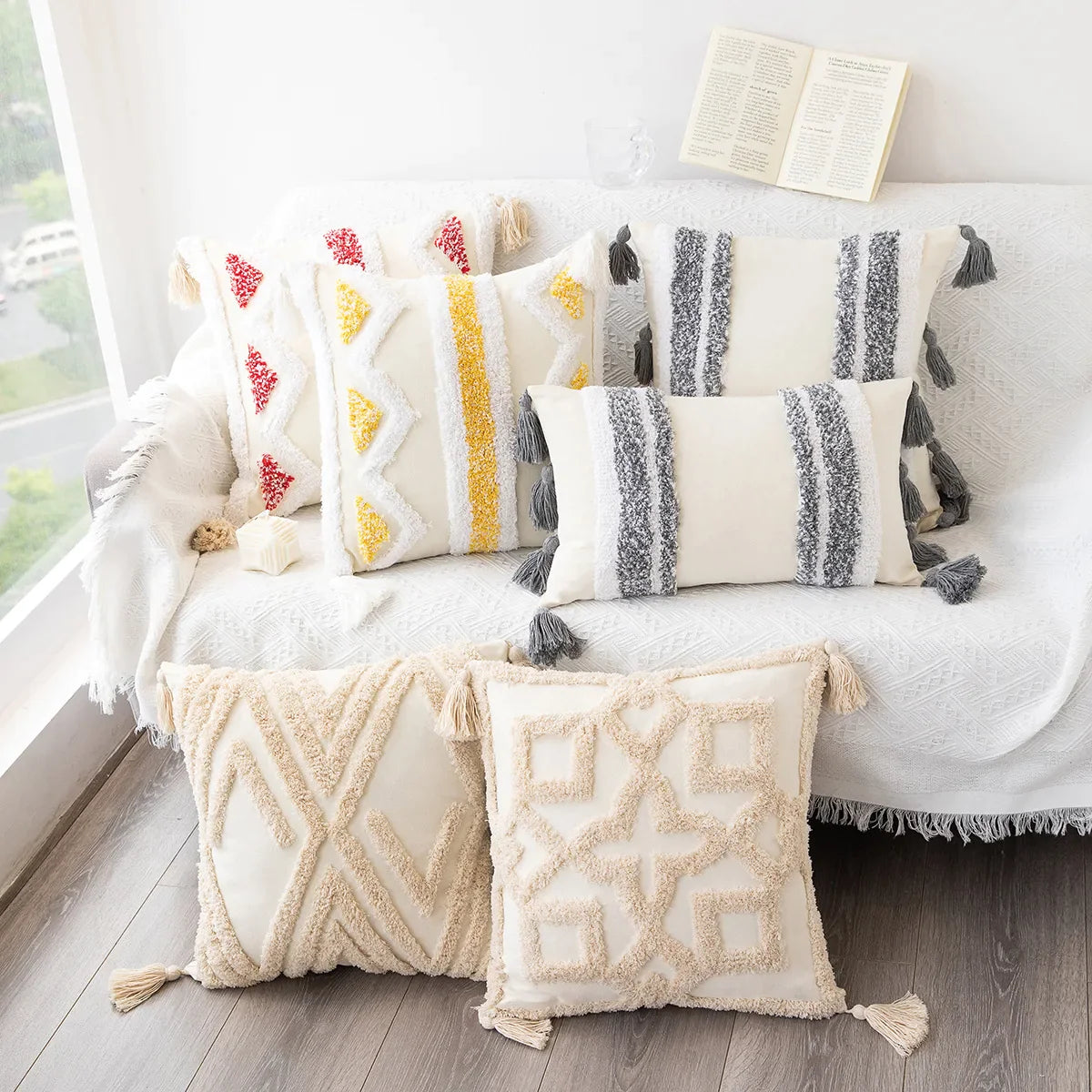 Geometric Tufted Cushion Cover with Fringe by Afralia™ - Black White Beige Sofa Pillow