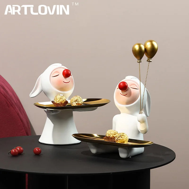 Afralia™ Clown Bust Sculpture: Golden Candy/Key Tray Kids Balloons Figurine Decor