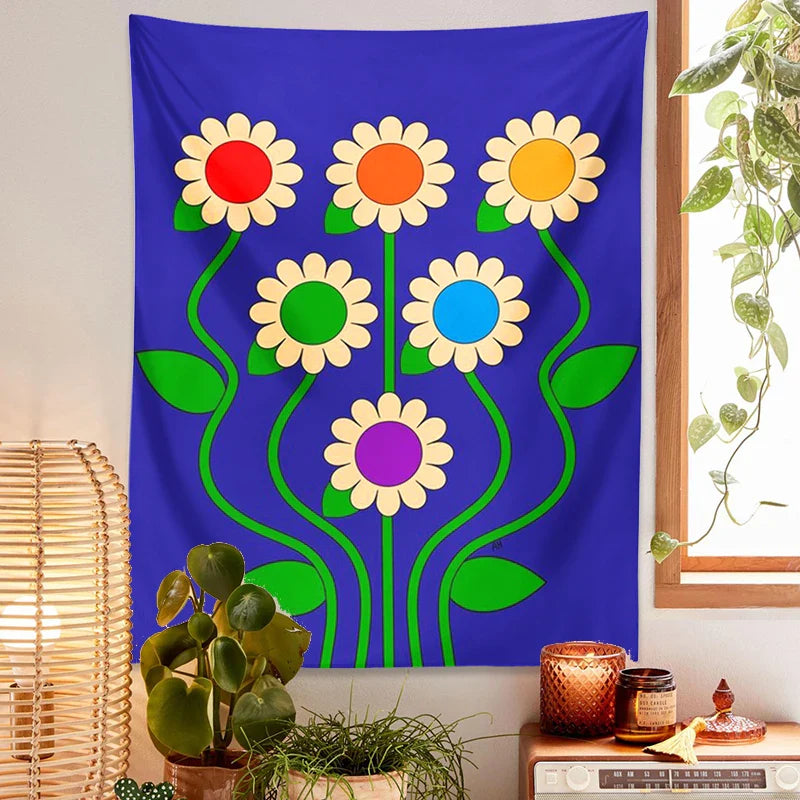 Afralia™ Blue Vintage Daisy Tapestry Wall Hanging Psychedelic Floral Home Decor Art