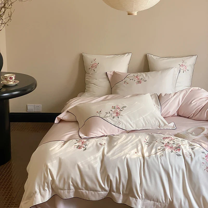 Afralia™ Chinese Flowers Embroidery Luxury Bedding Set - 1000TC Egyptian Cotton Duvet Cover, Flat Sheet, Fitted Sheet, Pillowcases