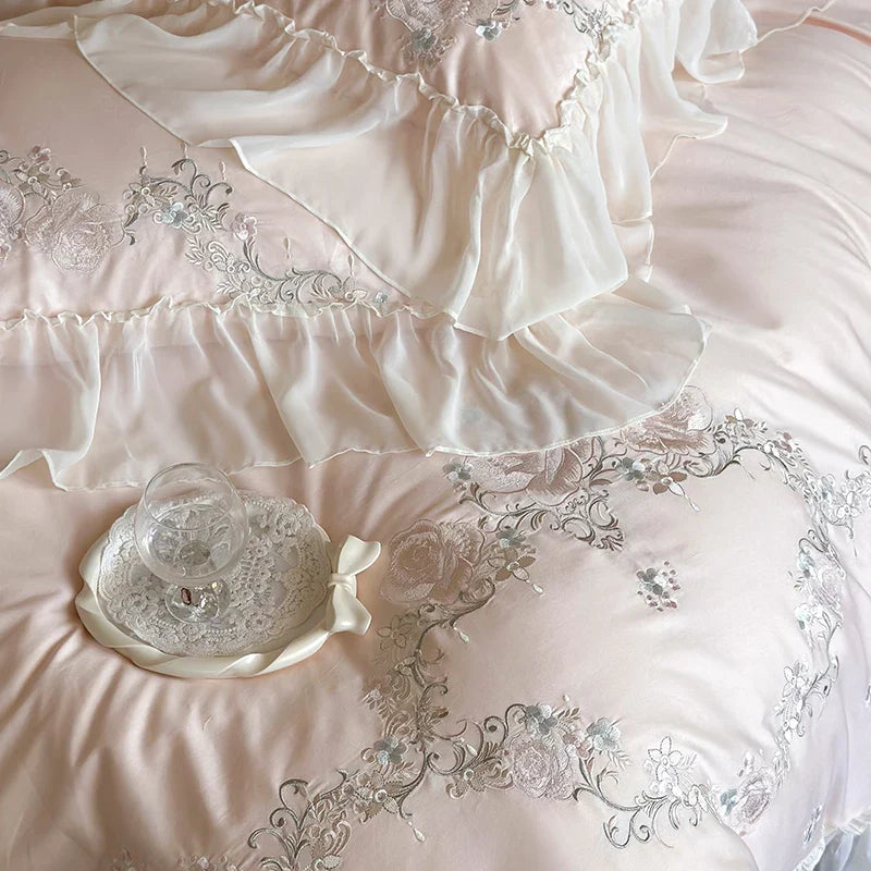 Afralia™ Luxury Flowers Embroidery Bedding Set Queen King Size 1000TC Egyptian Cotton