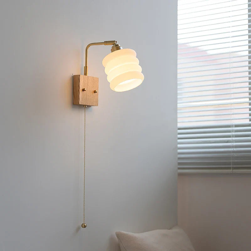 Afralia™ Walnut Wood Rotatable LED Wall Sconce White Glass Bedside Lamp