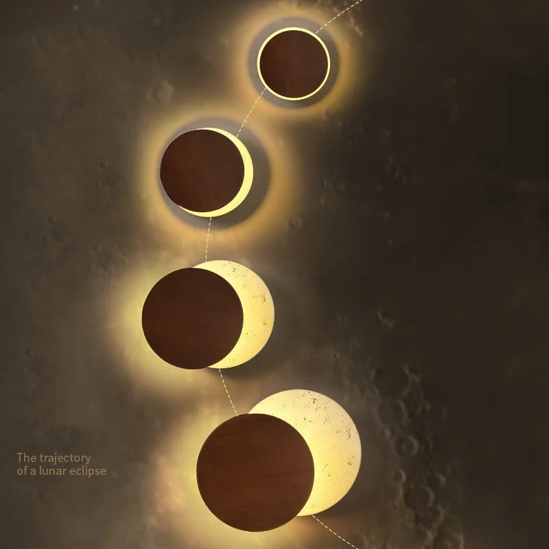 Afralia™ Solar Eclipse LED Wall Lamp: Nordic Design Wooden Base, Yellow Travertine, 360° Rotate