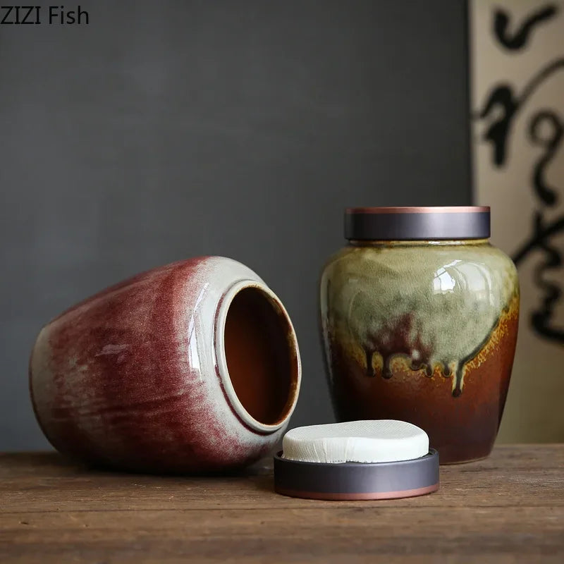 Afralia™ Colored Glaze Ceramic Tea Canister Jar Desk Decoration Candy Pot
