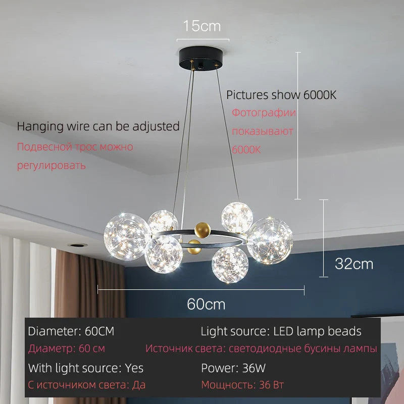 Afralia™ LED Glass Bulb Pendant Light: Modern Round Design, Gold/Black, Gypsophila String