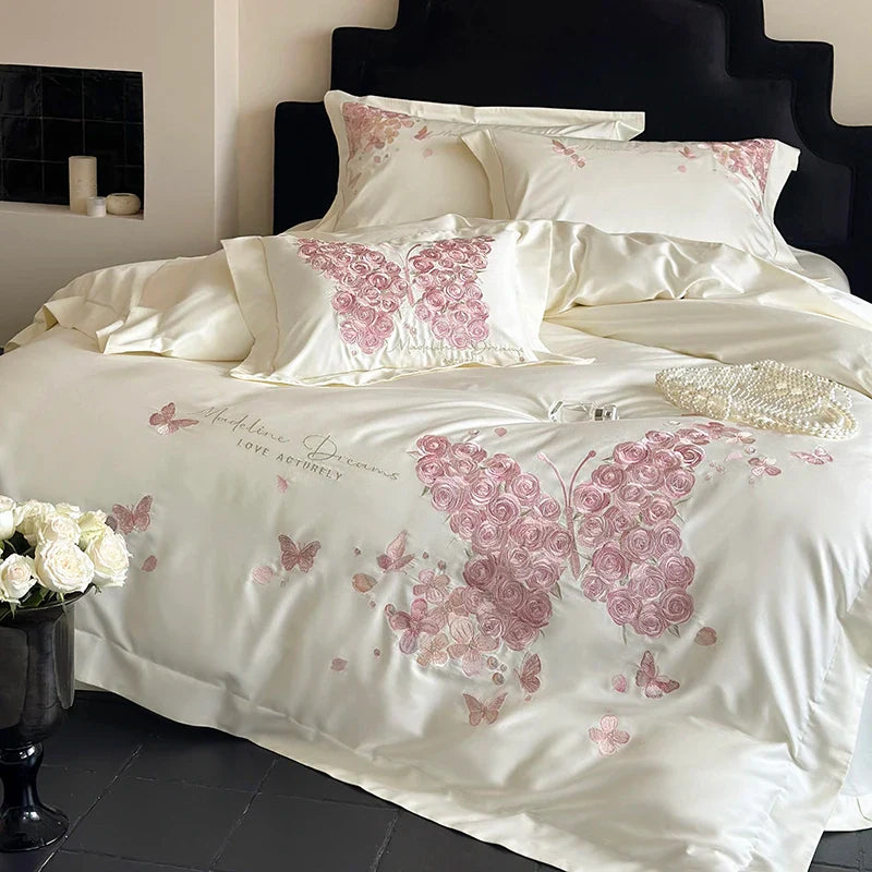 Afralia™ Rose Butterfly Embroidery 1000TC Egyptian Cotton Bedding Set in Cream White
