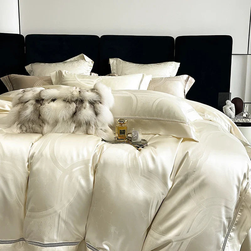 Afralia™ Brocade Satin Jacquard Egyptian Cotton Bedding Set, Luxury Silky Duvet Cover, Bed Sheet, Pillowcase