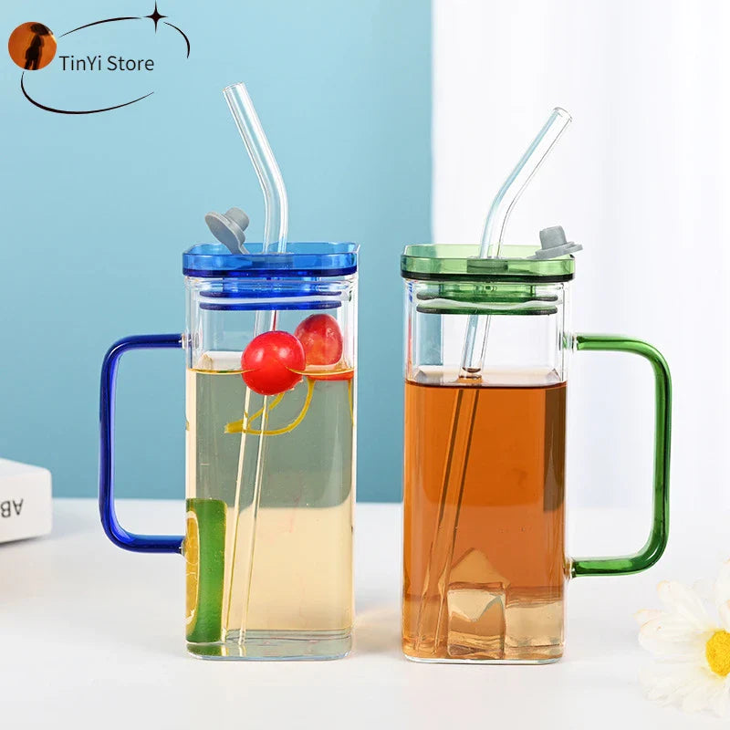 Afralia™ Glass Drinking Cups with Straw & Acrylic Lid, Colored Handle Layer for Beverages