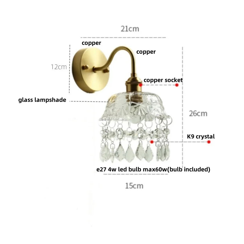 Afralia™ Crystal Vintage LED Wall Lights Pull Chain Switch Luxury Copper E14 Stair Light