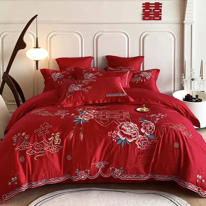 Afralia™ Peony Flowers Embroidery Queen Bedding Set with Brushed Duvet Cover and Sheet