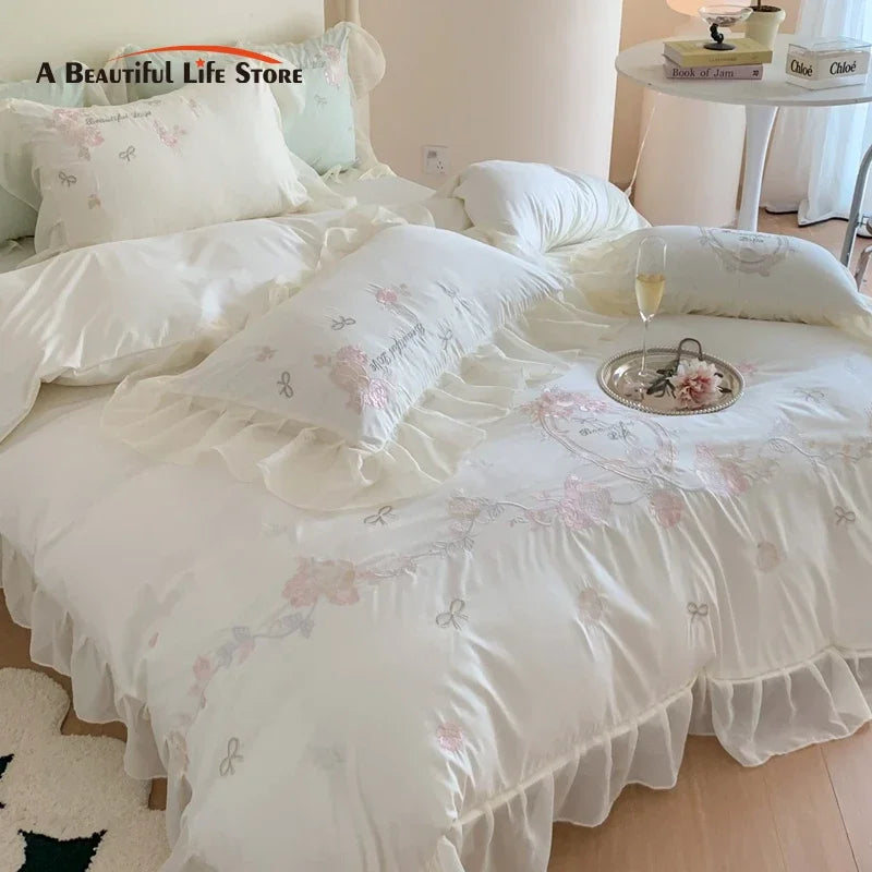 Afralia™ 4Pcs Flowers Embroidery Princess Queen Bedding Set with Lace Ruffles