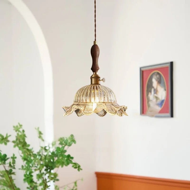 Afralia™ Glass LED Pendant Light Modern Wood Copper Hanglamp for Bar Cafe Loft