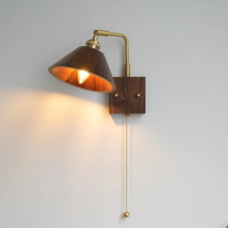 Afralia™ Walnut Wood LED Wall Sconce with Pull Chain Switch, Rotating Vanity Mirror Light
