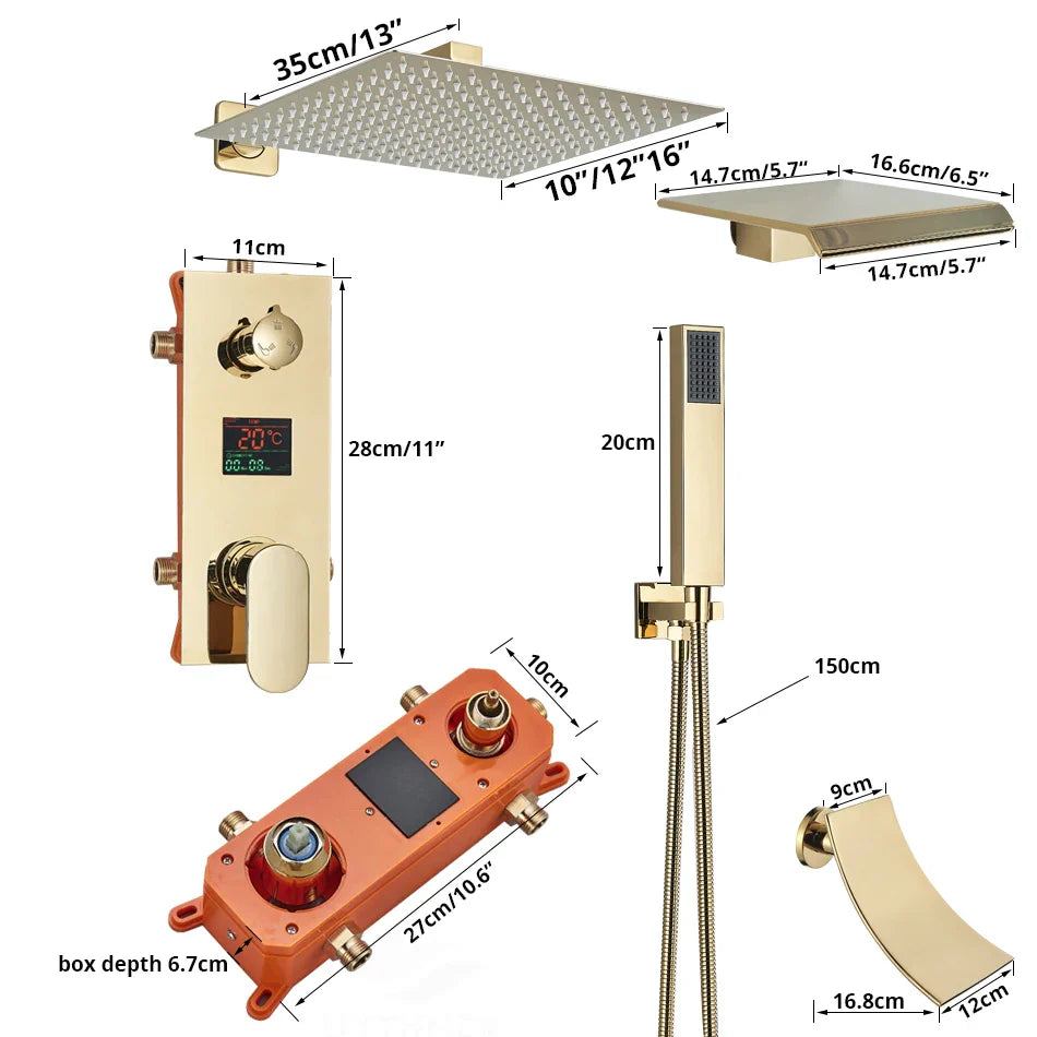 Afralia™ Gold Digital Display Shower Set with Rainfall Head - Waterfall Bath Shower System