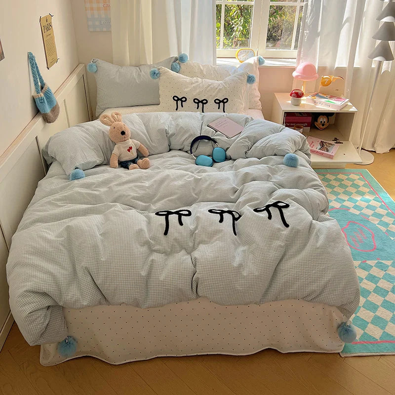 Afralia™ Korean Princess Bow Lattice Pompom Bedding Set - Single Queen Size