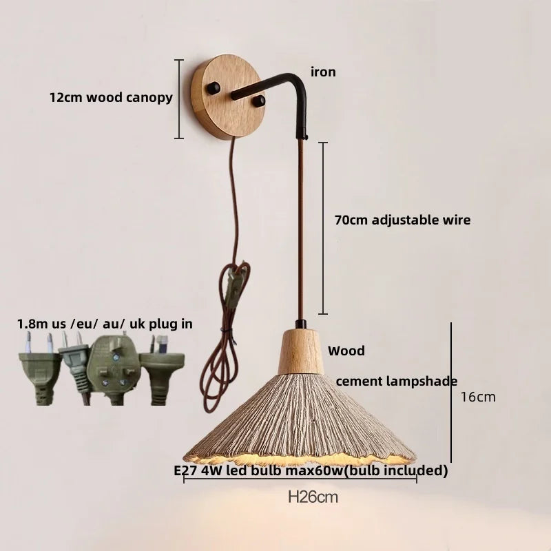 Afralia™ Nordic LED Wall Light Living Dining Room Sconce Wood Pull Chain Cement Lampshade