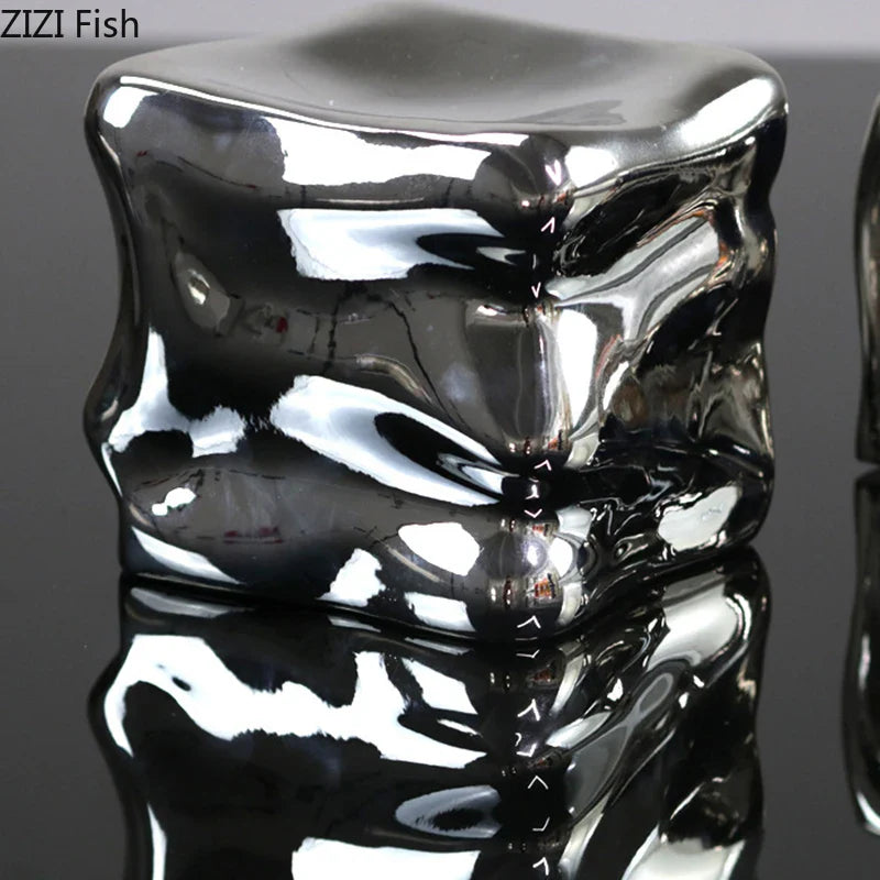 Afralia™ Silver Plated Geometric Cube Sculpture Room Decor