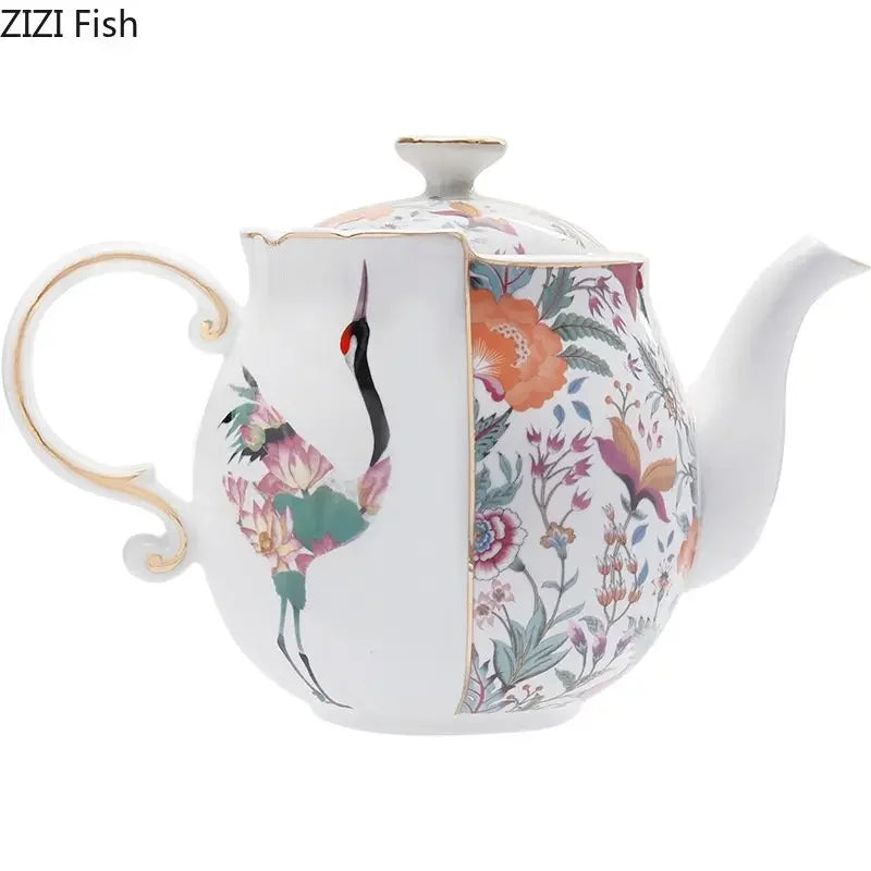 Fairy Crane Pattern Ceramic Tea Set with Gold-plated Accents by Afralia™