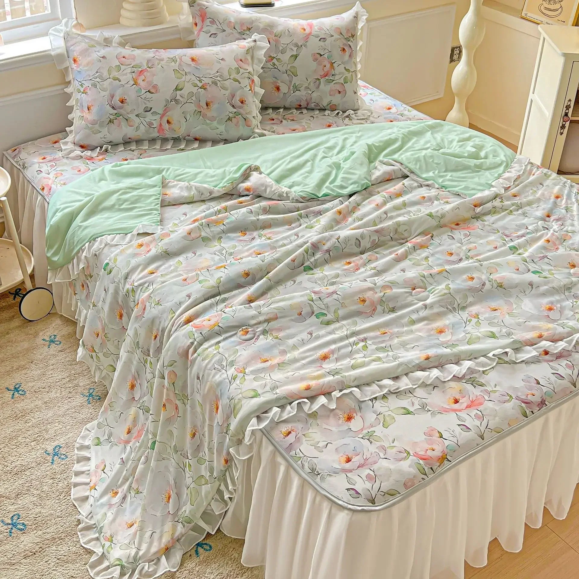 Afralia™ Floral Print Lace and Ruffle Summer Quilt: Skin-Friendly, Breathable Comforter