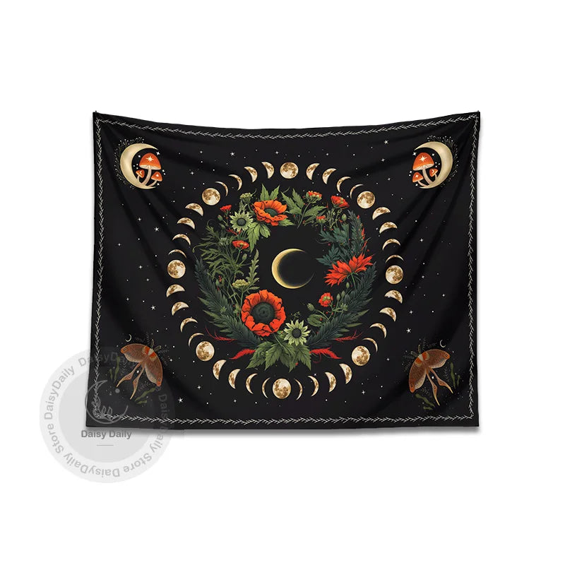 Afralia™ Moon Phase Flower Moth Tapestry: Psychedelic Floral Boho Wall Decor