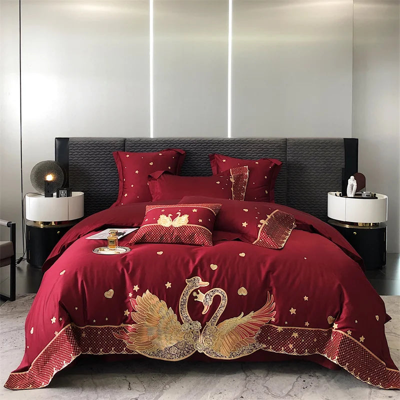 Afralia™ Gold Swan Love Wedding Bedding Set, Egyptian Cotton, 1000TC, 4 or 6Pcs