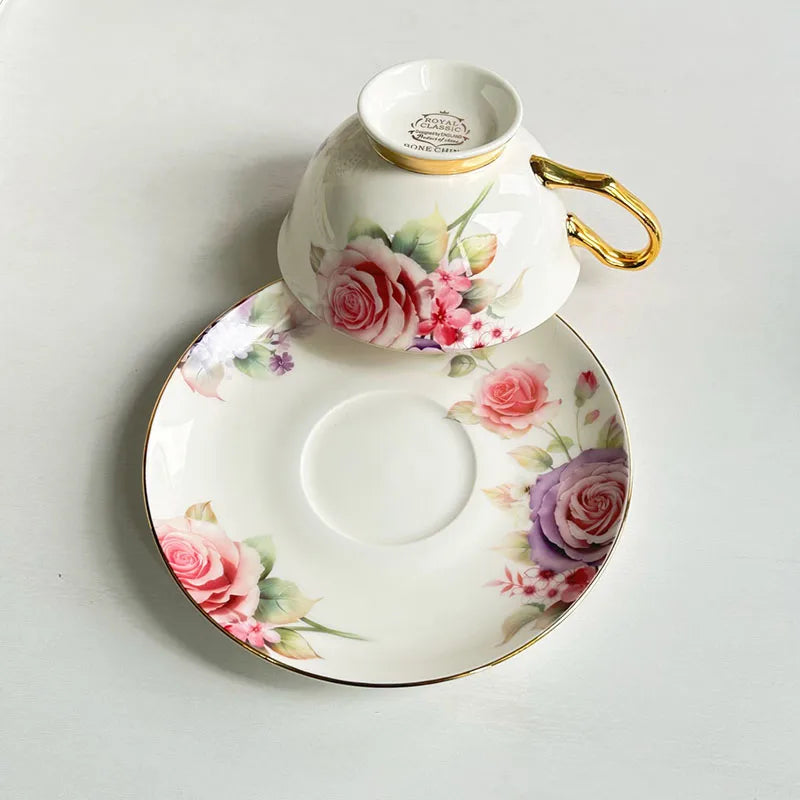 Afralia™ Flowers Pattern Porcelain Coffee Cup & Saucer Set - Exquisite Tea & Juice Mug