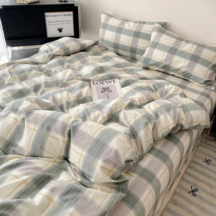 Afralia™ Cotton Grid Bedding Set - Soft & Stylish Bed Sheet, Quilt Cover Kit
