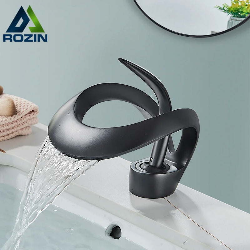 Afralia™ Black Basin Faucet Grey Waterfall Mixer Tap Hot Cold Modern Brass Deck Mount