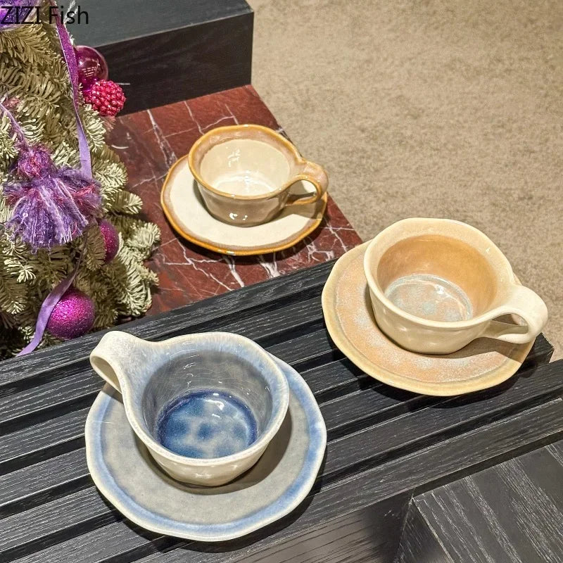 Afralia™ Zen Style Porcelain Cup & Saucer Set - Retro Coffee Mug for Dining Table