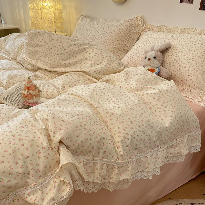 Afralia™ Princess Style Flowers Lace Ruffles 100% Cotton Bedding Set - 4Pcs