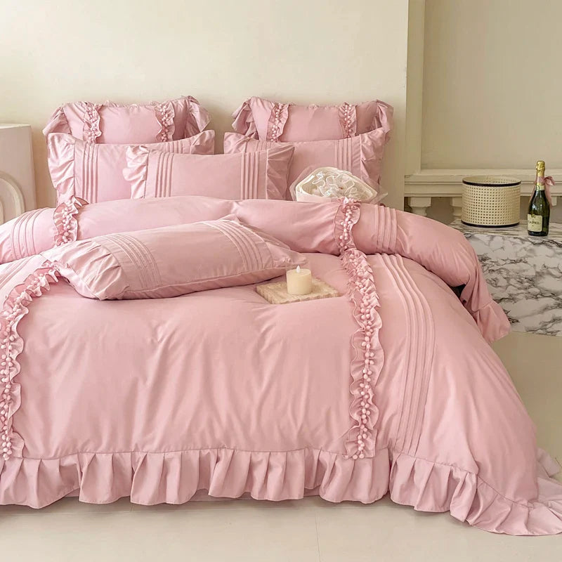 Afralia™ Princess Ruffles Bedding Set: Duvet Cover, Bed Sheet, Pillowcases - Cream White Color